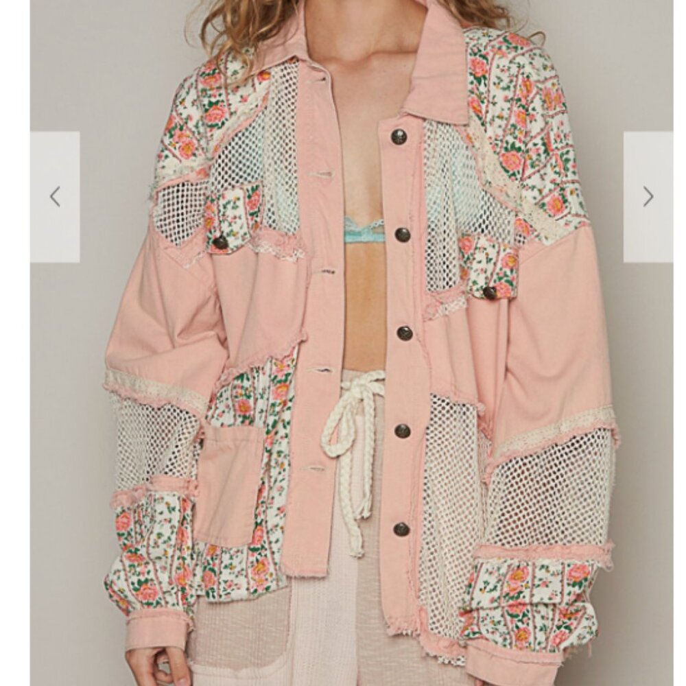 070. Oversized fit jacket in twill balloon sleeve with floral contrast fabric. - Picture 2 of 4